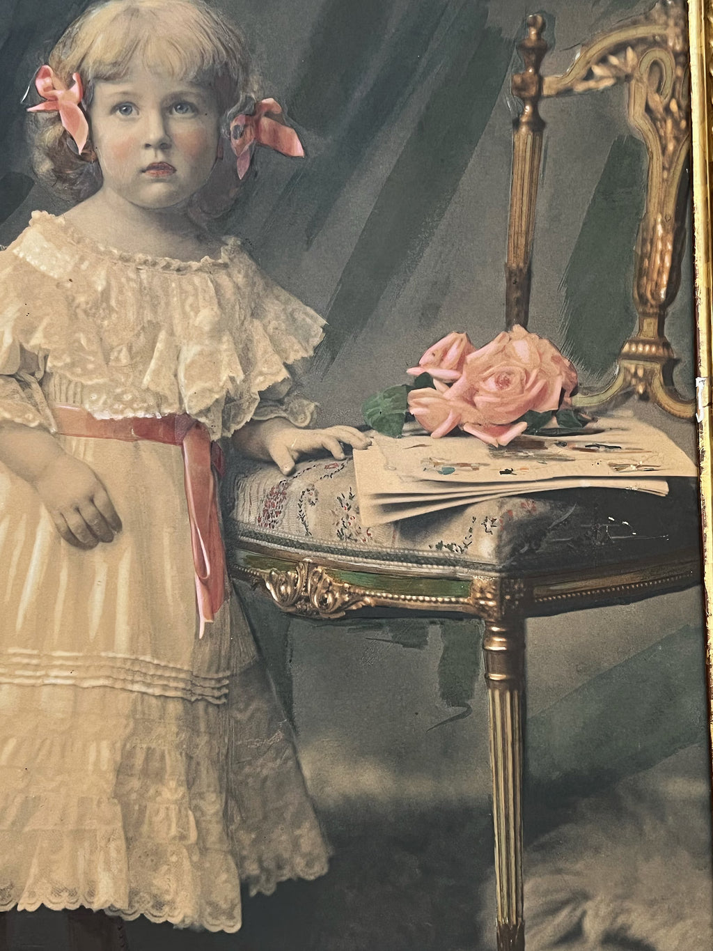 Antique Painted Photograph Portrait of a Young Girl, Pastel & Watercolour, Dated 1904, Original Gilded Frame