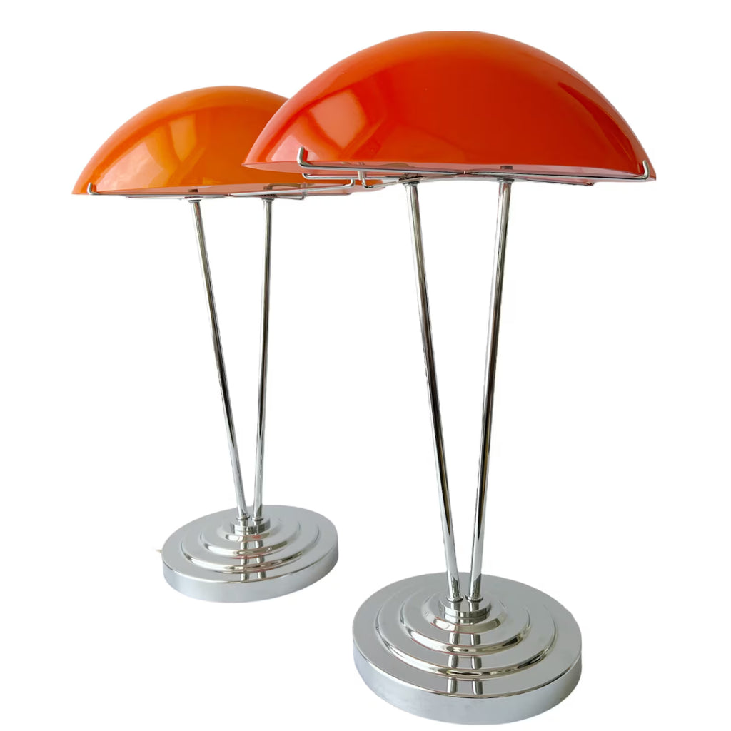 Vintage Pair of IKEA Kupol Lamps: Orange Mushroom Glass, Chrome Base.