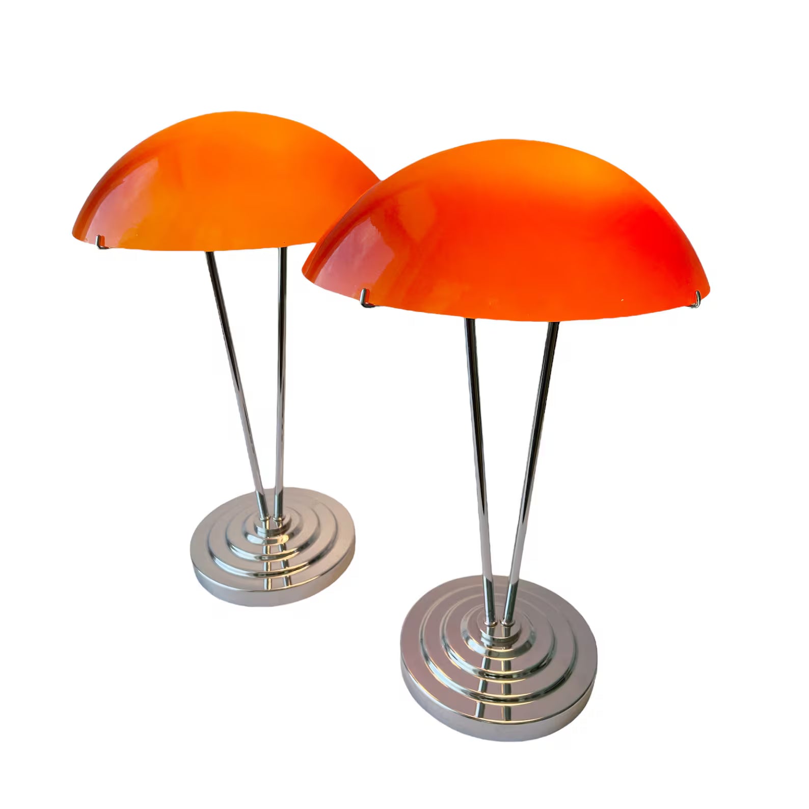 Vintage Pair of IKEA Kupol Lamps: Orange Mushroom Glass, Chrome Base.