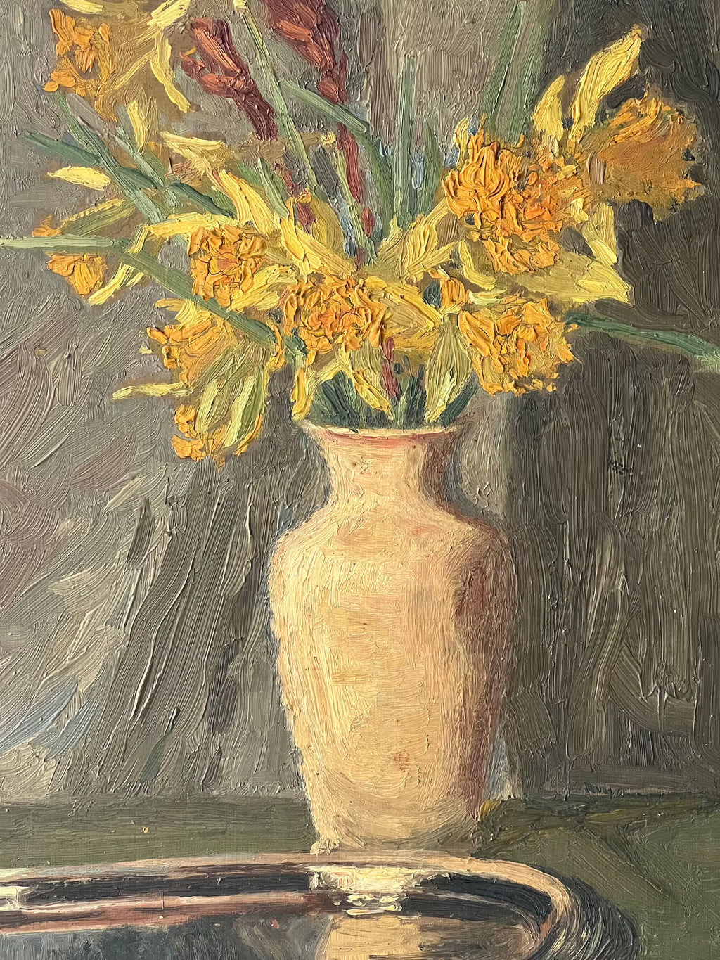 Floral Still Life Oil Painting: Yellow Flowers & Apples, c.1915
