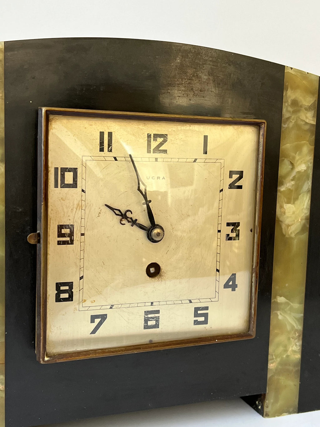 French Art Deco UCRA Marble Onyx Mantel Clock With Side Garnitures, 1920s 1930s