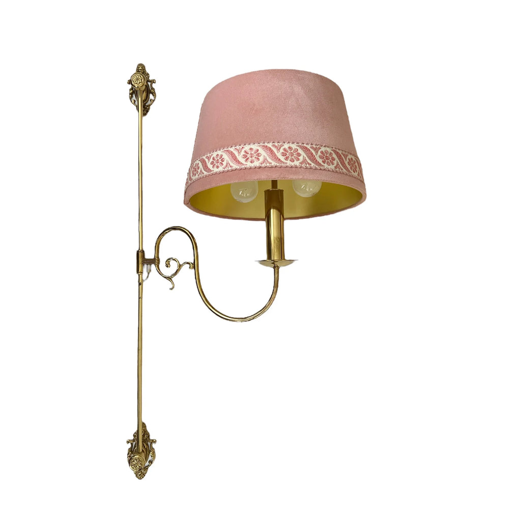 Vintage Brass Adjustable Wall Lamp with Pink Velvet Shade – Mid-Century Hollywood Regency Light
