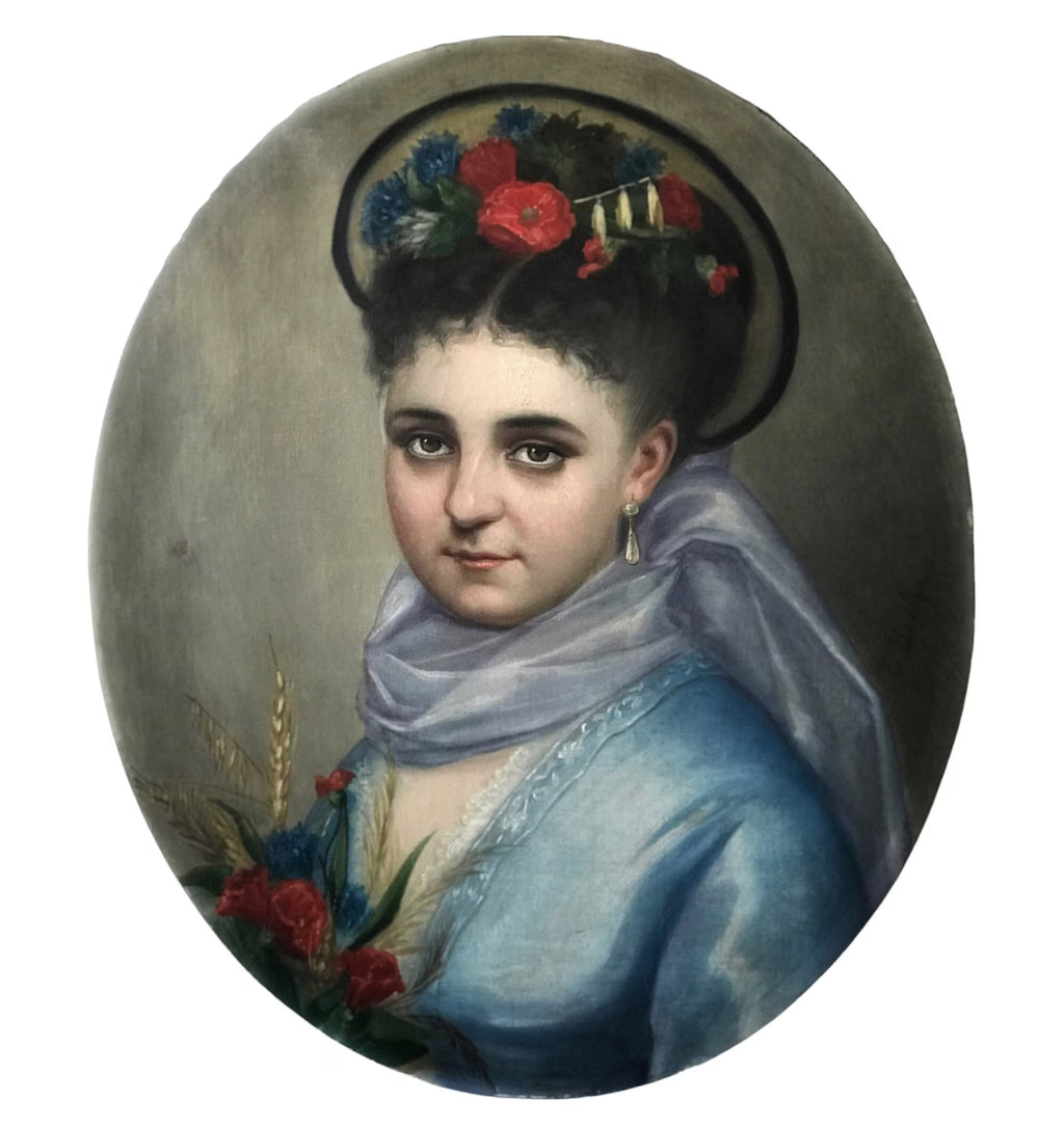 Antique Oil Portrait of Young Woman by E. Spelza. Circa 1900s