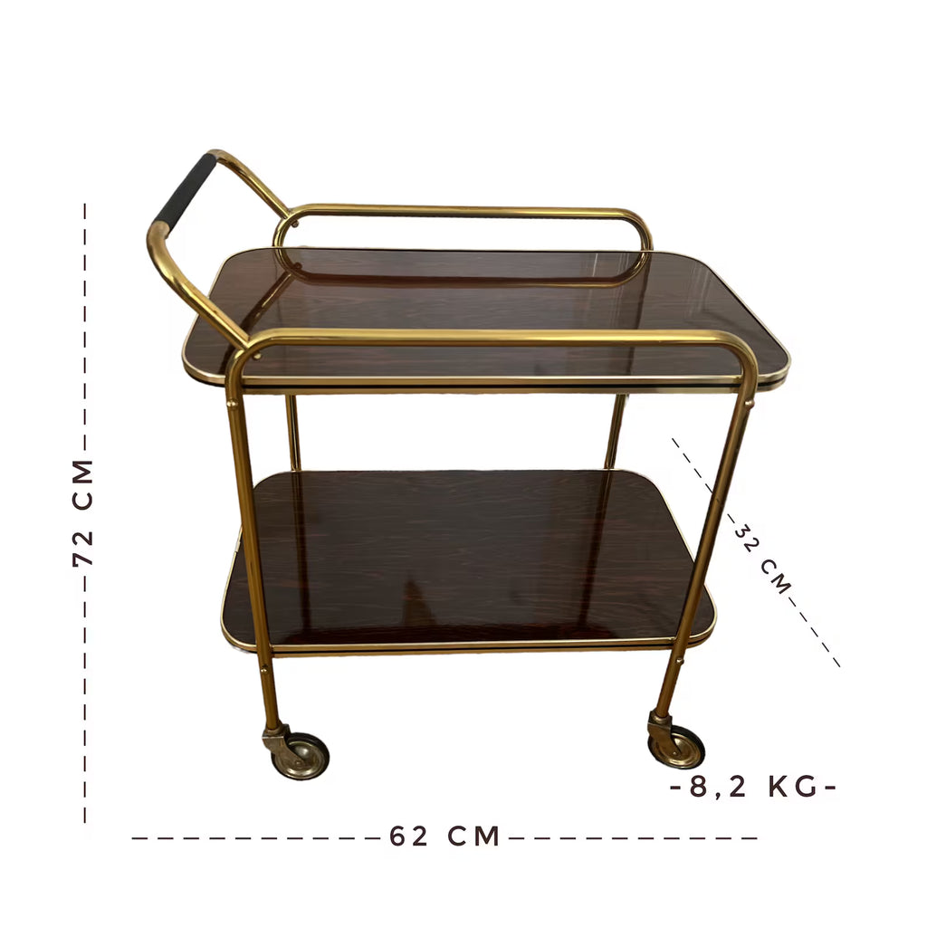 Vintage Mid-Century Bar Cart. Two-Tier West German Design with Gold Accents