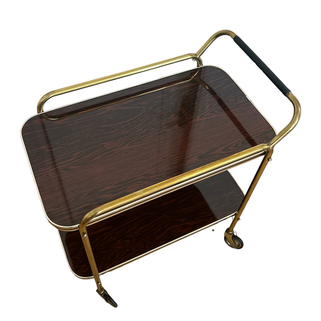 Vintage Mid-Century Bar Cart. Two-Tier West German Design with Gold Accents