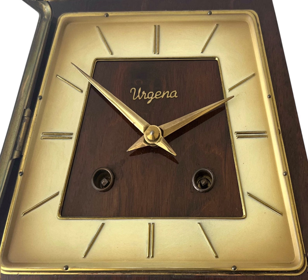 Vintage Urgena Kienzle Desk Clock, Wooden Brass Mid Century Mantel Clock