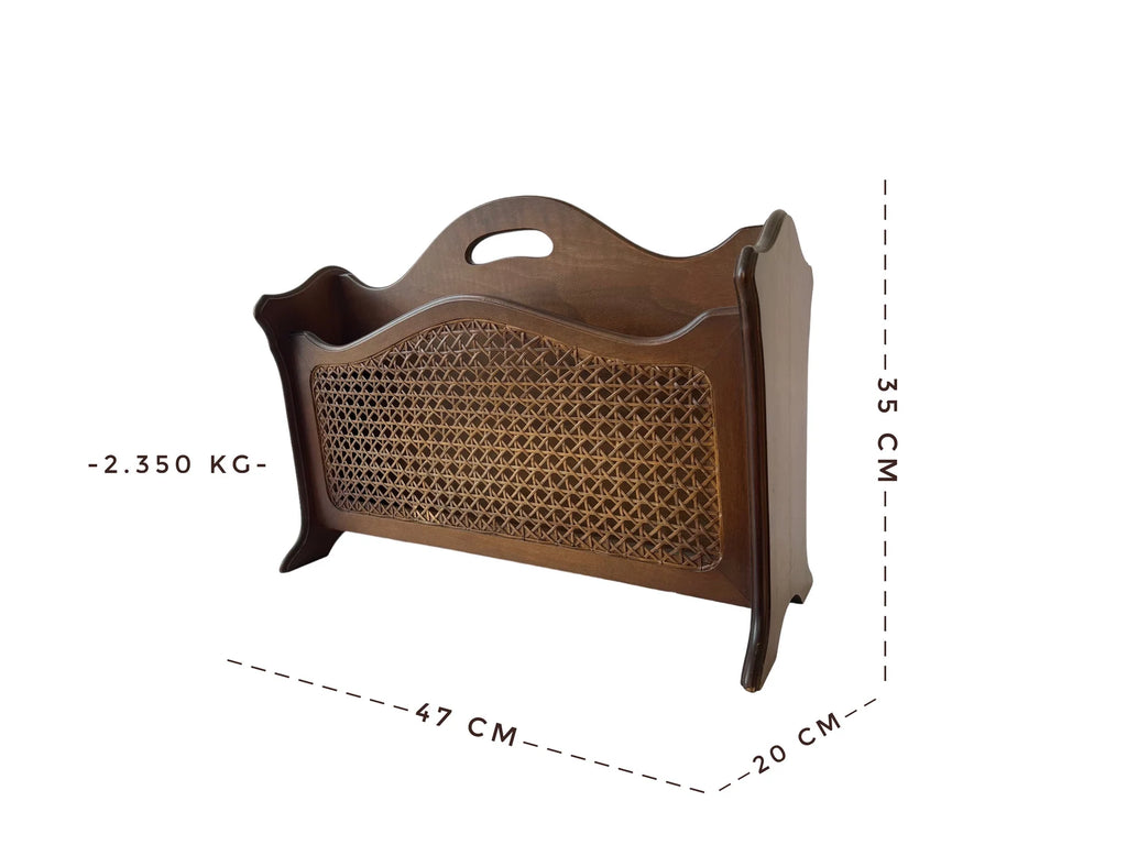 Vintage German Wooden Rattan Magazine Rack, Mid-Century Cane Newspaper Holder 1950s–70s