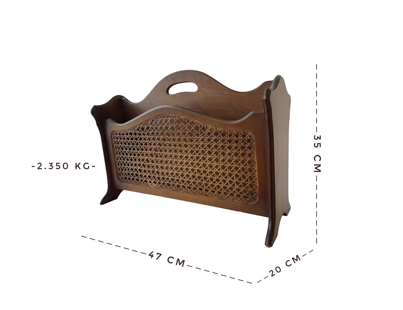 Vintage German Wooden Rattan Magazine Rack, Mid-Century Cane Newspaper Holder 1950s–70s