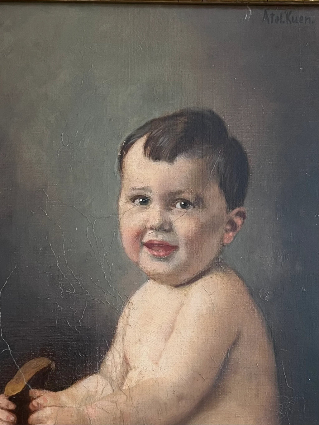 Antique Child Portrait Painting c.1900.  Oil on Board, German Atelier. Framed