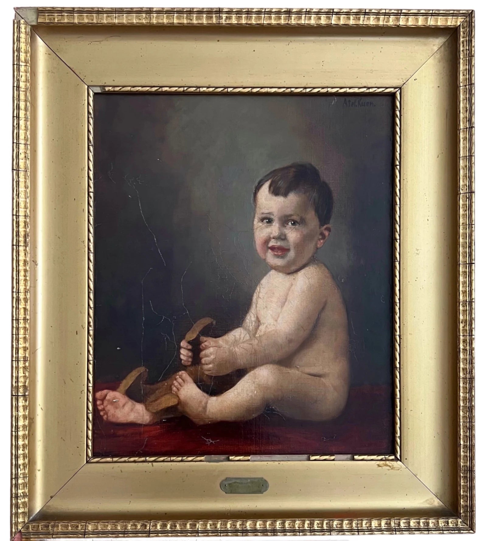 Antique Child Portrait Painting c.1900.  Oil on Board, German Atelier. Framed
