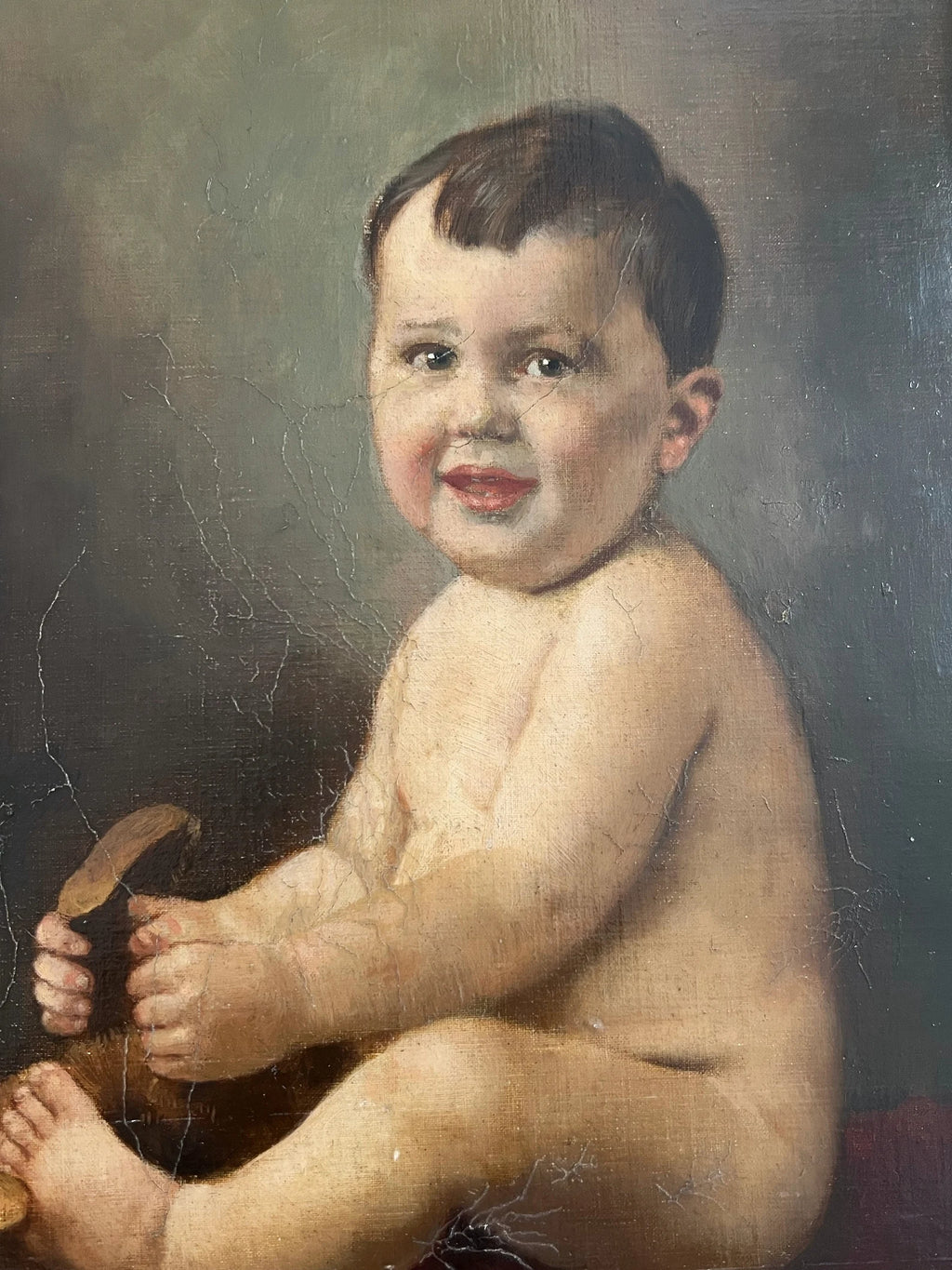 Antique Child Portrait Painting c.1900.  Oil on Board, German Atelier. Framed