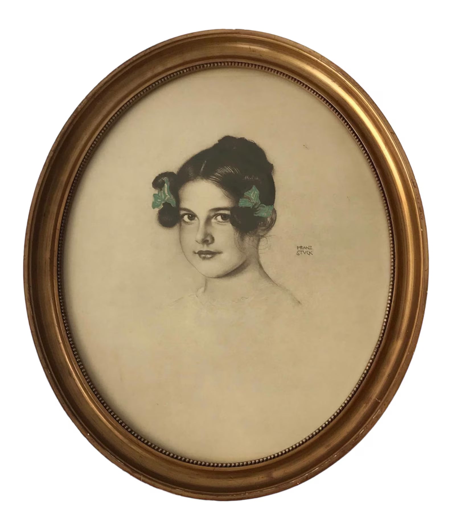 Antique Franz von Stuck “Mary” Hand-Colored Lithograph, Jugendstil Portrait