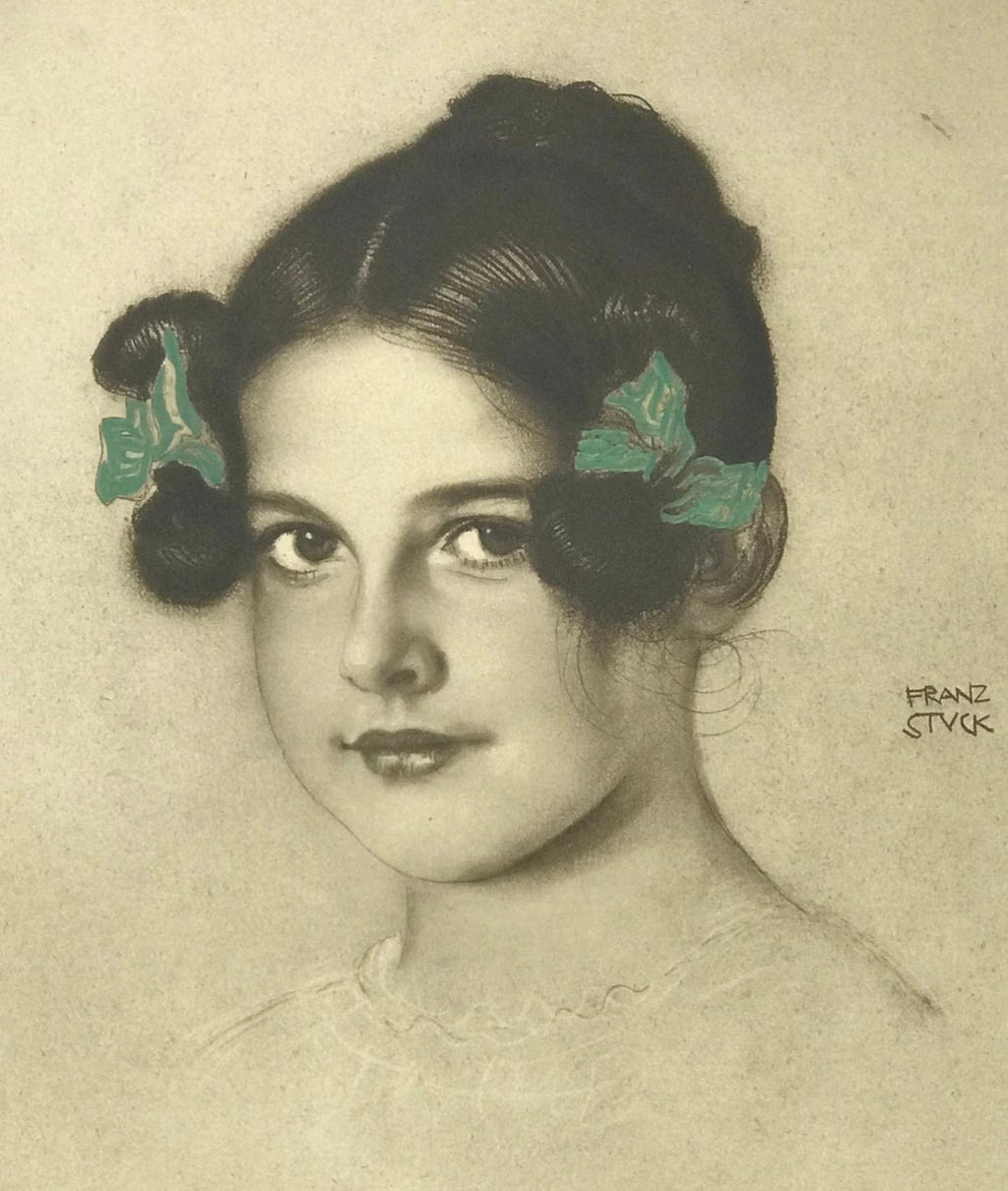 Antique Franz von Stuck “Mary” Hand-Colored Lithograph, Jugendstil Portrait