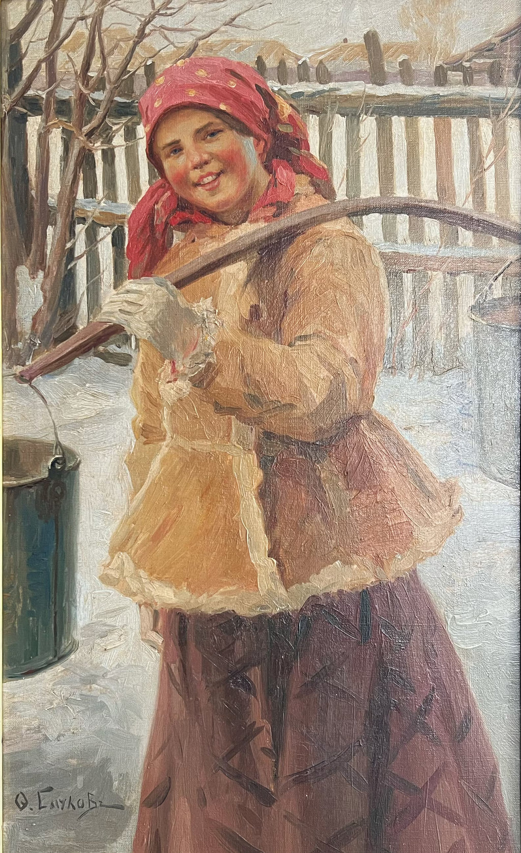 Antique Oil Painting – Signed Peasant Woman Portrait, Rustic Folk Art – Framed Artwork