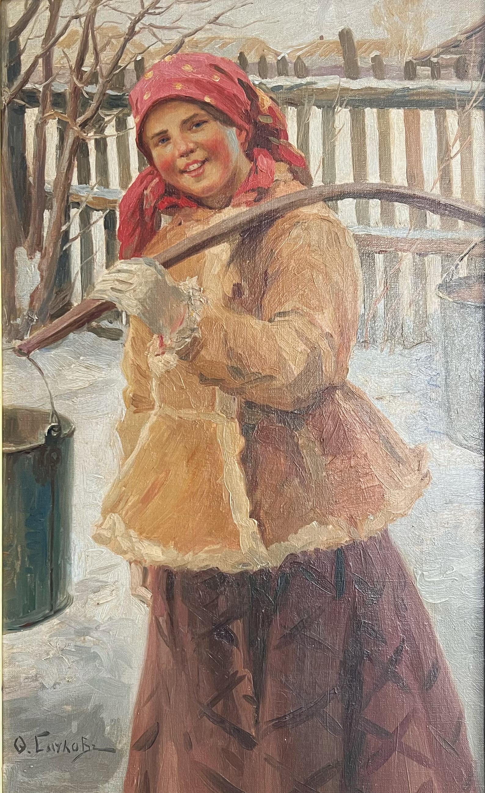 Antique Oil Painting – Signed Peasant Woman Portrait, Rustic Folk Art – Framed Artwork