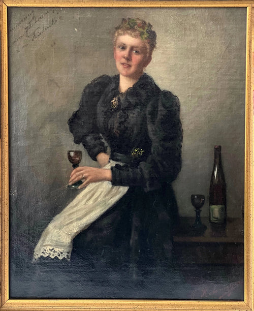 Antique Oil Painting: German Portrait of a Lady with Wine Glass by Fanny Retemeyer