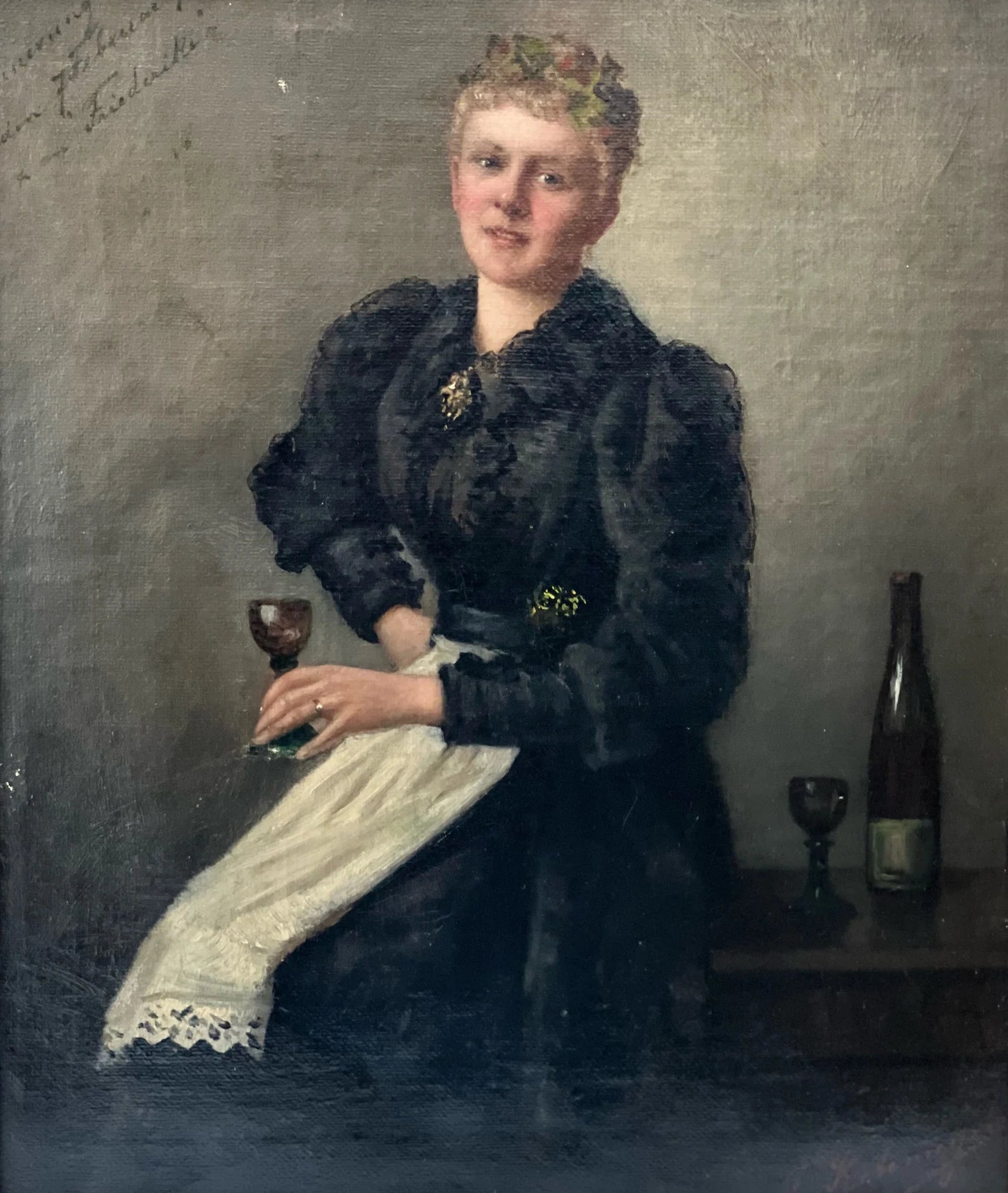 Antique Oil Painting: German Portrait of a Lady with Wine Glass by Fanny Retemeyer