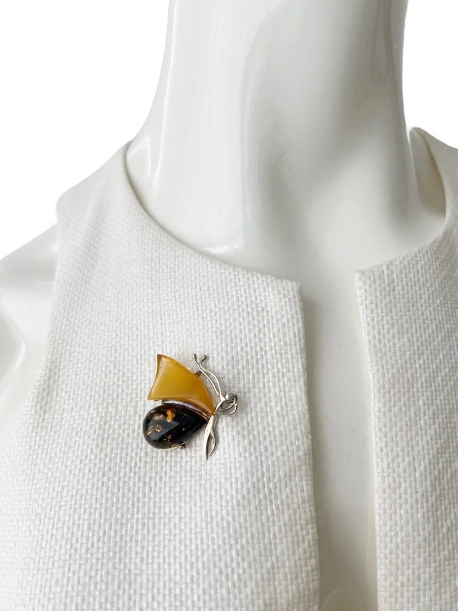 Vintage Butterfly Brooch Baltic Amber Silver
