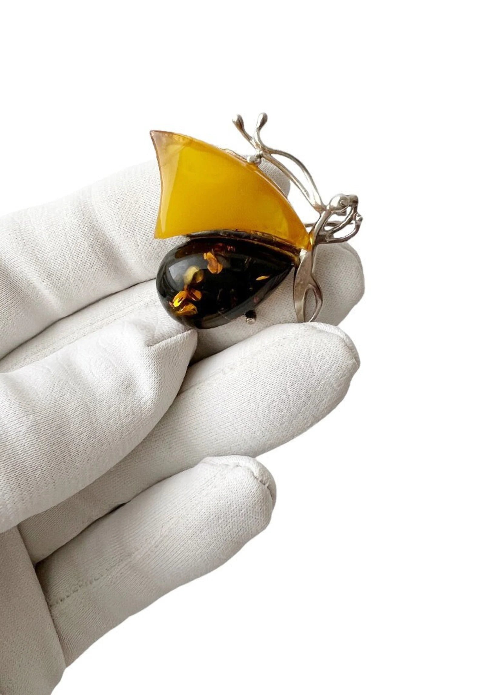 Vintage Butterfly Brooch Baltic Amber Silver