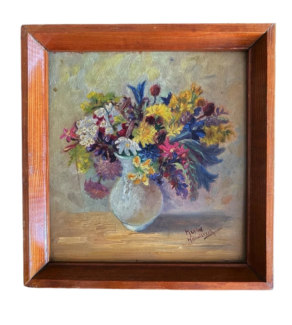 Floral Still Life Oil Painting by Hedda Hawlitzek (1900–1974). Mid-Century Signed Art