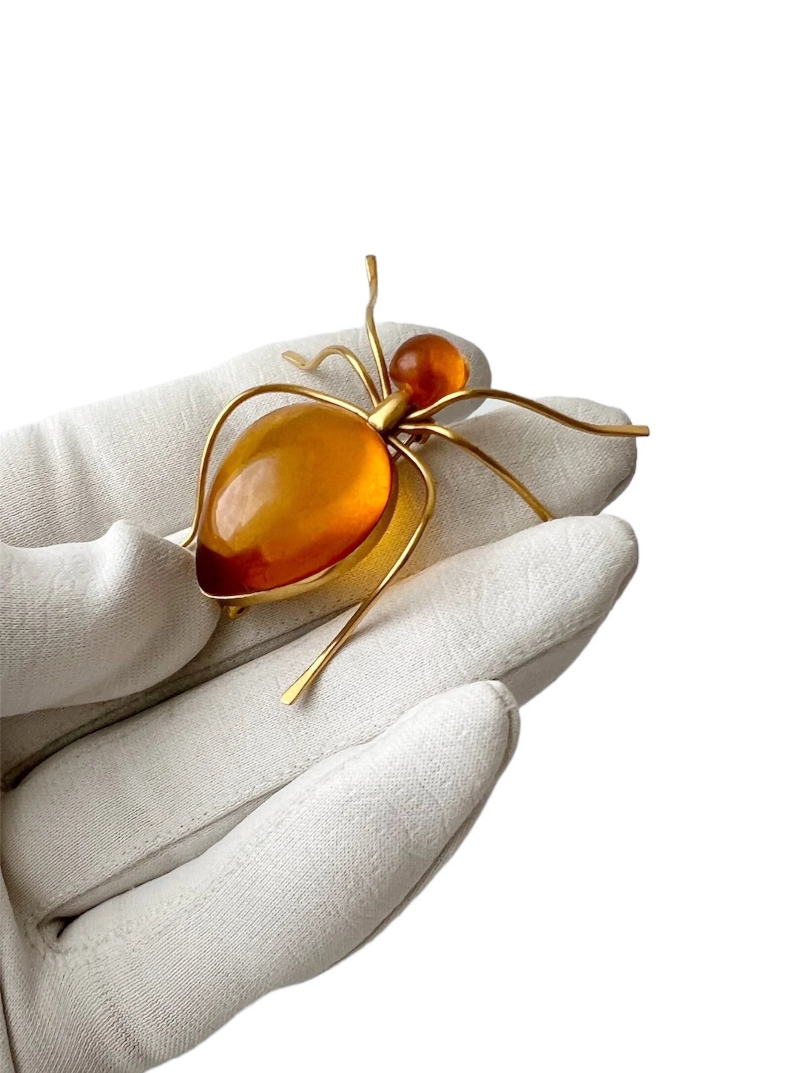 Vintage Spider Brooch. Baltic Amber Gold Plated. Kaliningrad Amber Combine, USSR, 1980s.