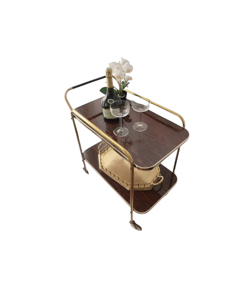 Vintage Mid-Century Bar Cart. Two-Tier West German Design with Gold Accents