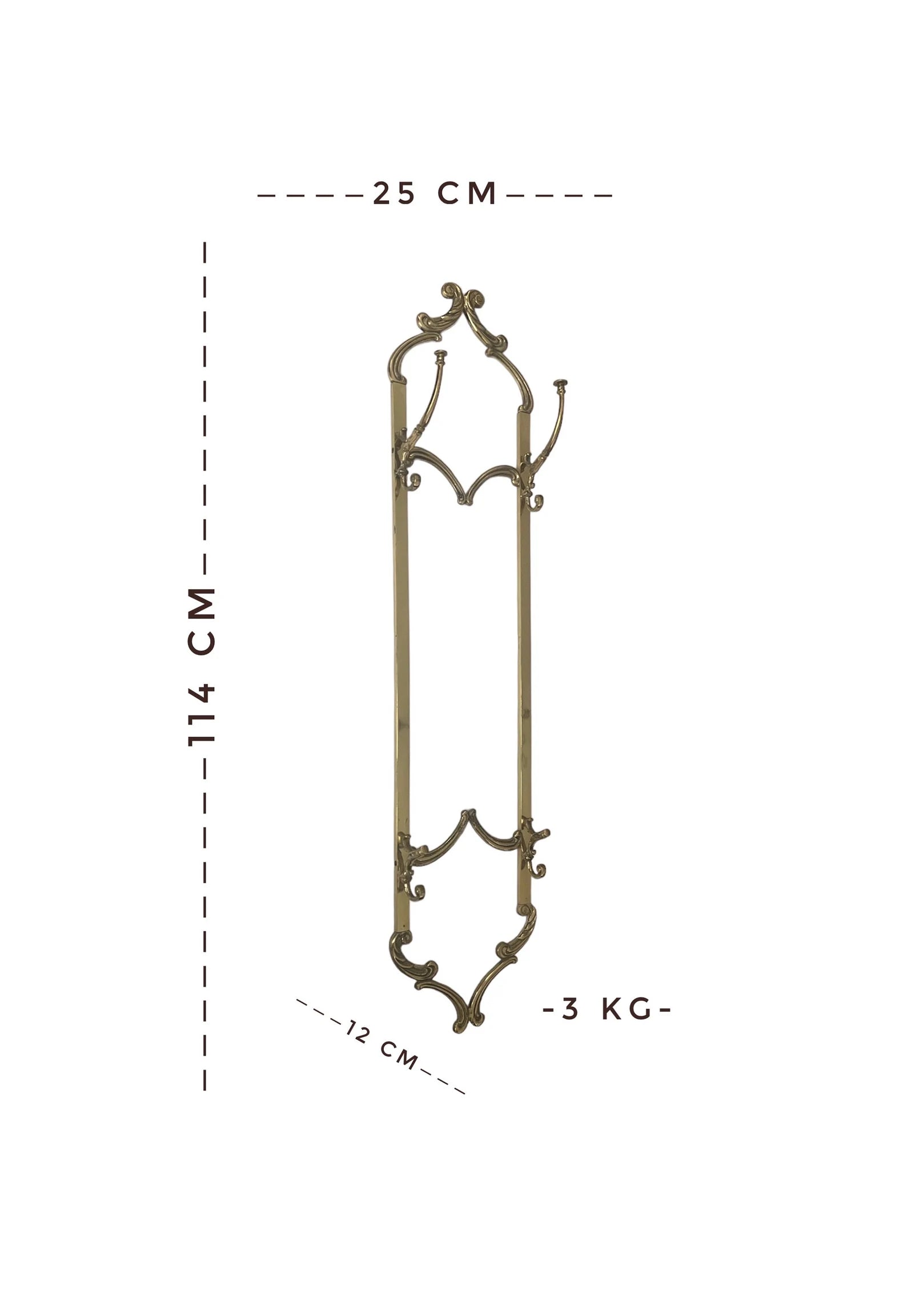 Vintage Italian Brass Coat Rack, Mid Century Wall Hooks, Six Hook Hallway Rack