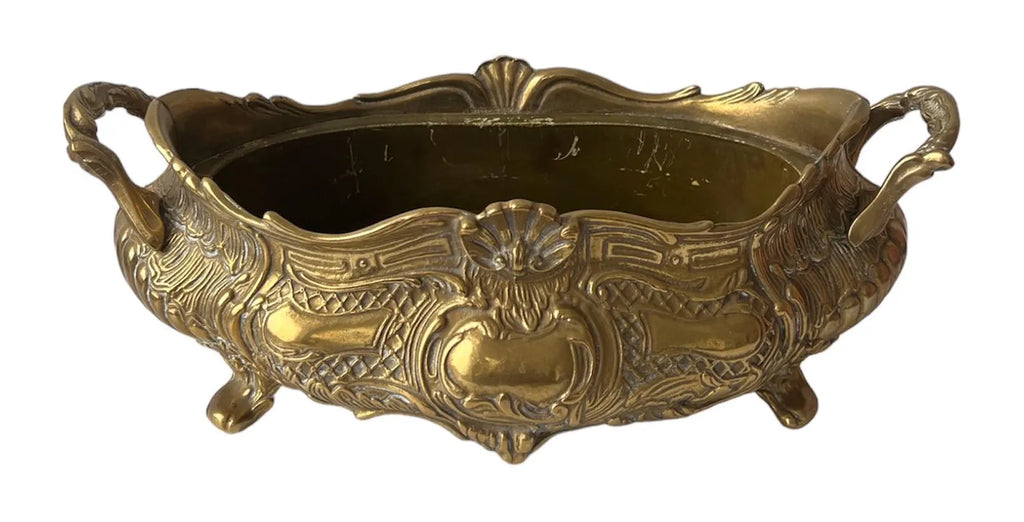Large French Art Nouveau Brass Jardinière with Removable Liner, Vintage Planter