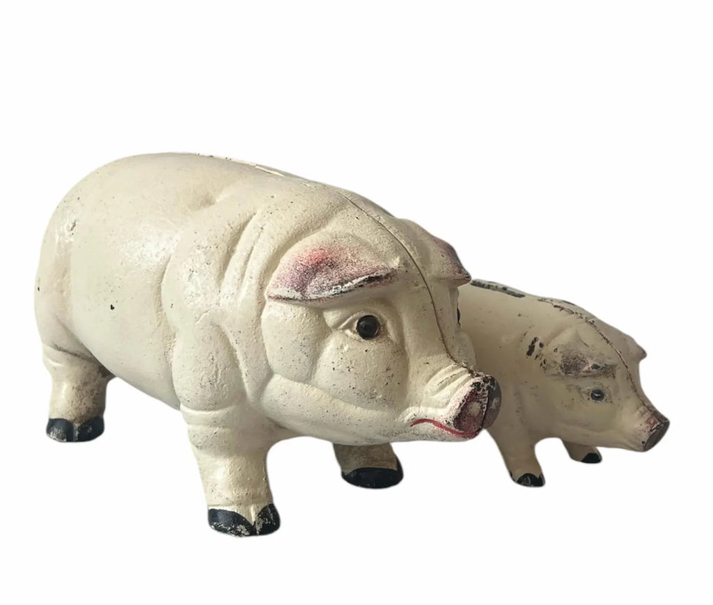 Antique French Cast Iron Pig Sculptures, Pair Piggy Banks, c.1900–1920