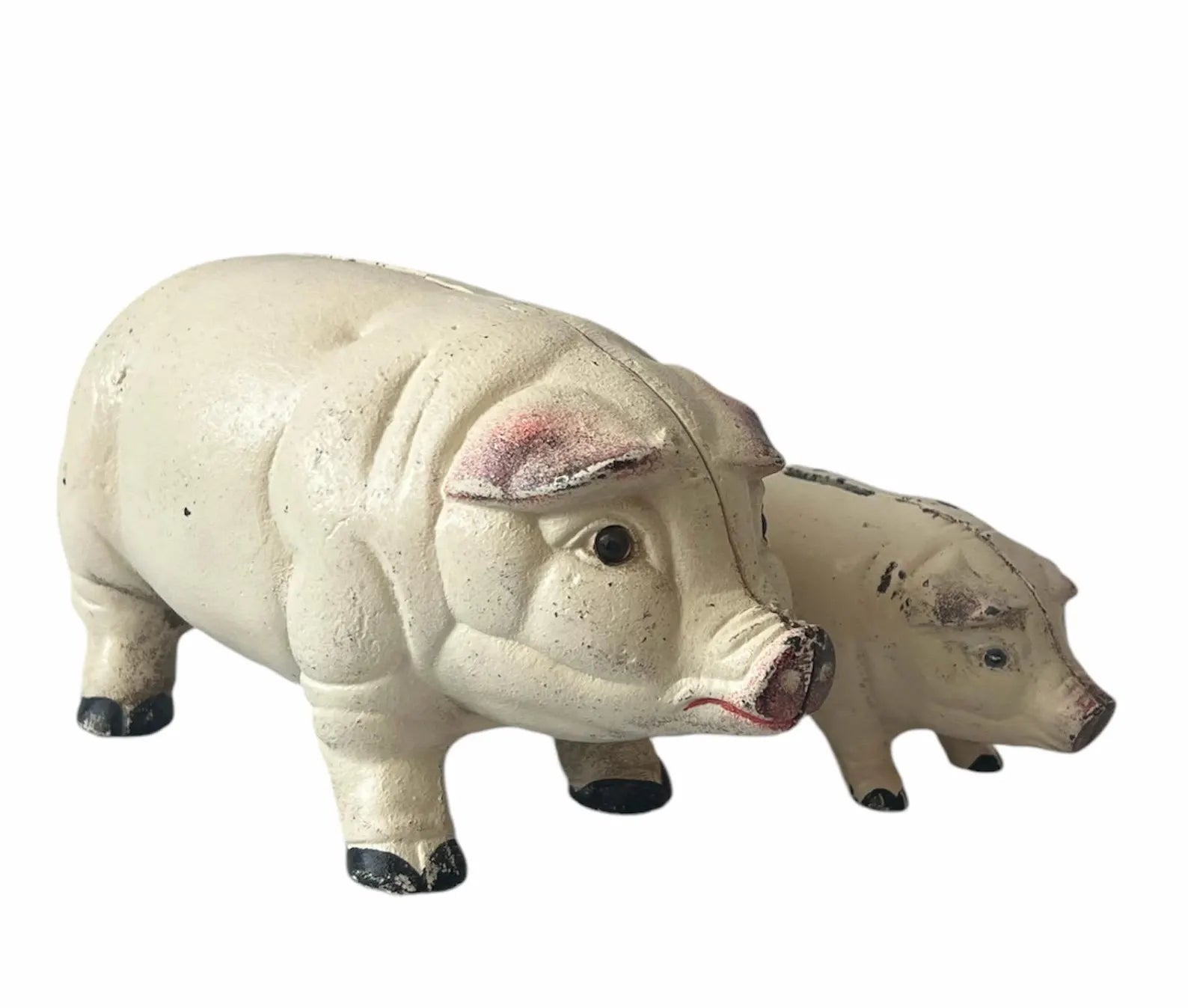 Antique French Cast Iron Pig Sculptures, Pair Piggy Banks, c.1900–1920