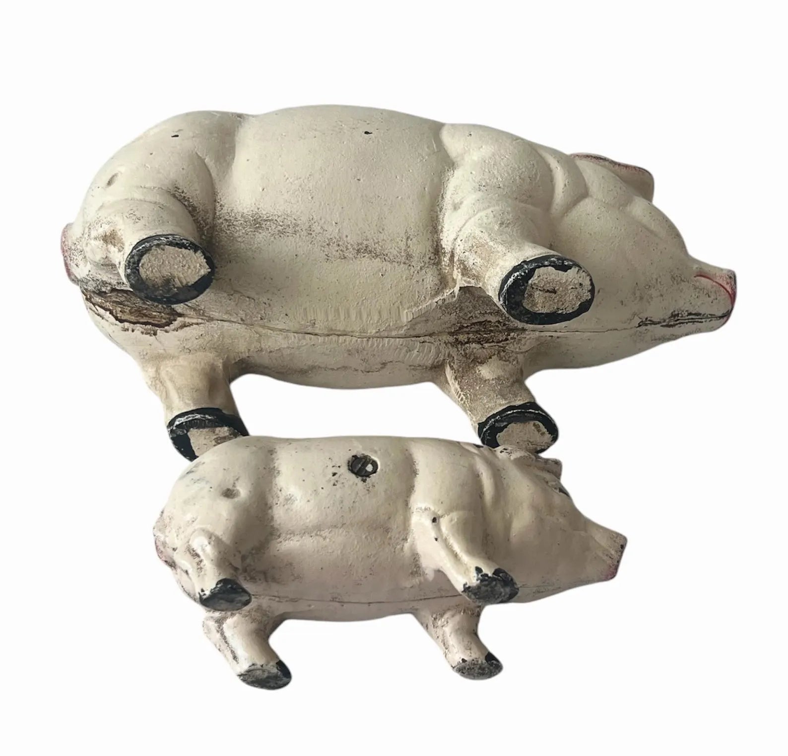 Antique French Cast Iron Pig Sculptures, Pair Piggy Banks, c.1900–1920