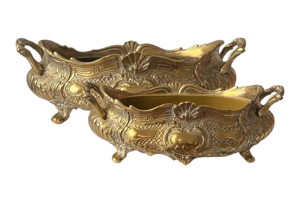 Large French Art Nouveau Brass Jardinière with Removable Liner, Vintage Planter
