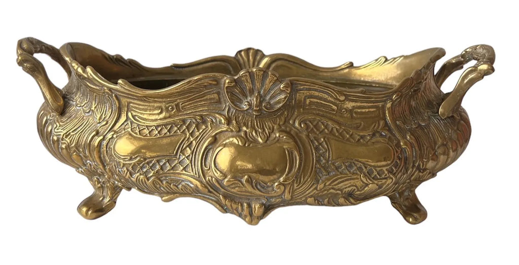 Large French Art Nouveau Brass Jardinière with Removable Liner, Vintage Planter