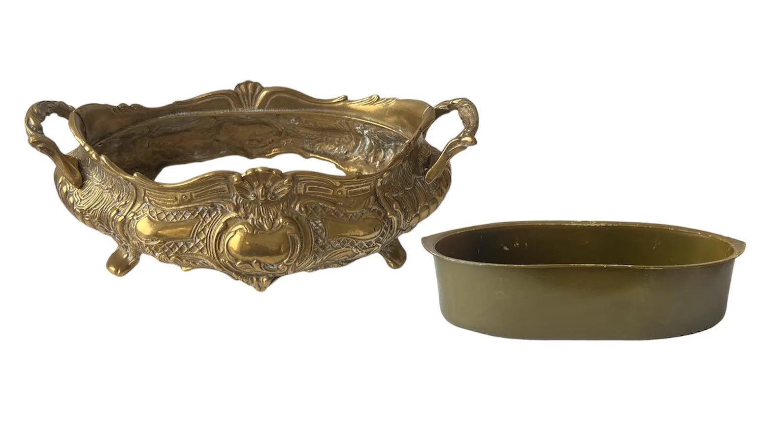 Large French Art Nouveau Brass Jardinière with Removable Liner, Vintage Planter