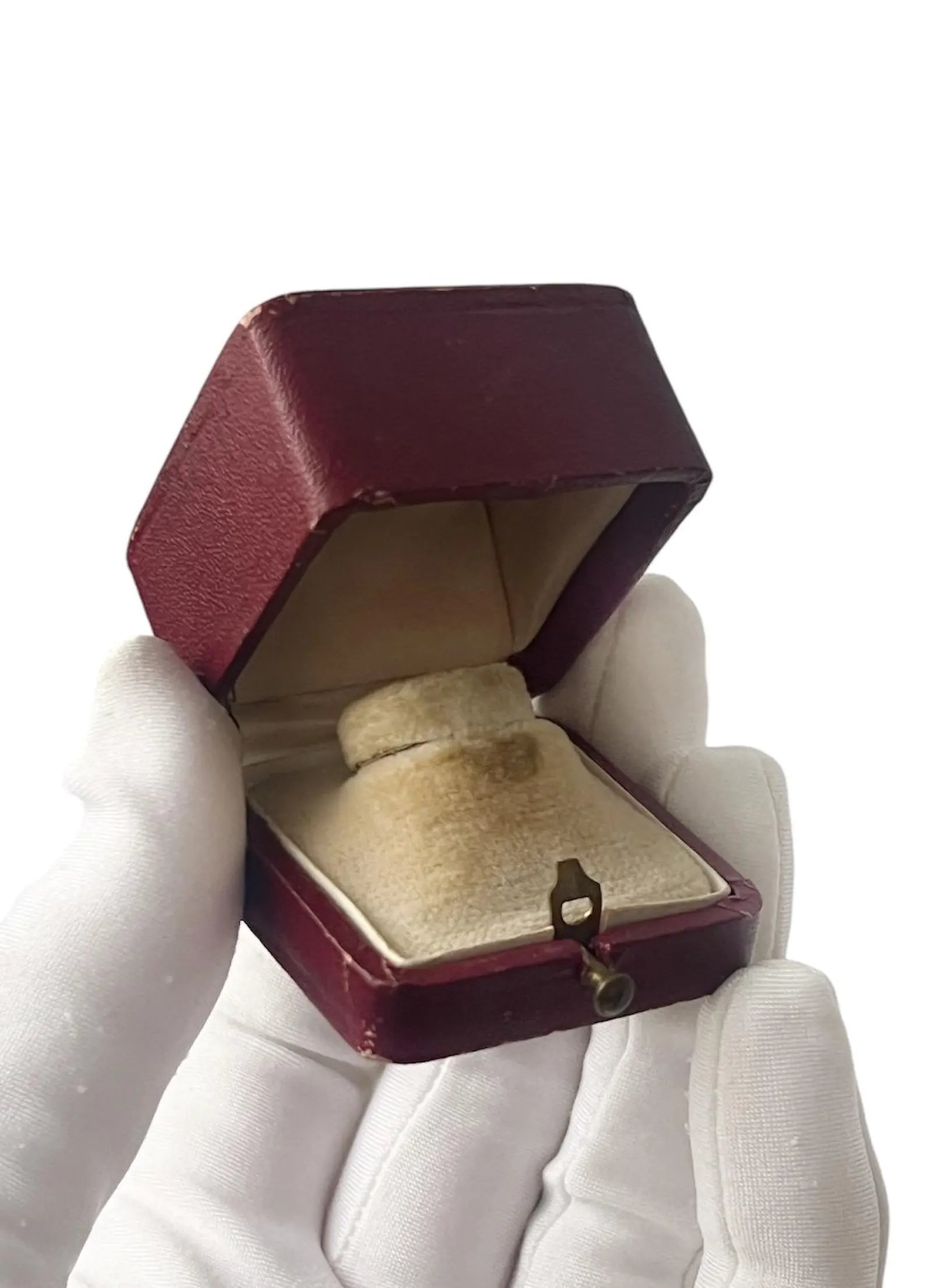 Antique Red Leather Ring Box, Vintage Square Proposal Box, Push Button Clasp.