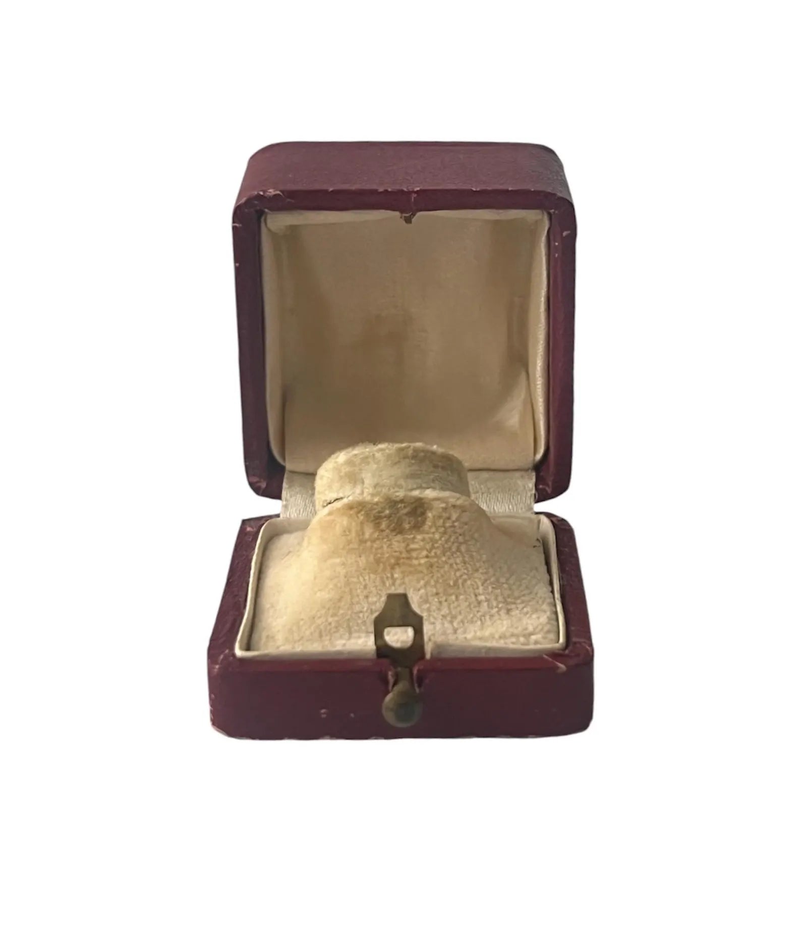 Antique Red Leather Ring Box, Vintage Square Proposal Box, Push Button Clasp.