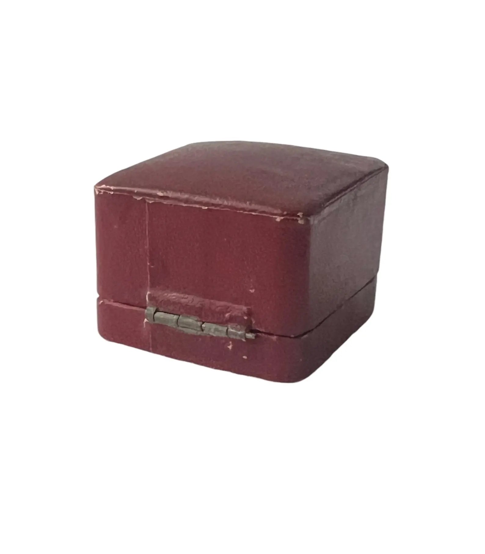Antique Red Leather Ring Box, Vintage Square Proposal Box, Push Button Clasp.