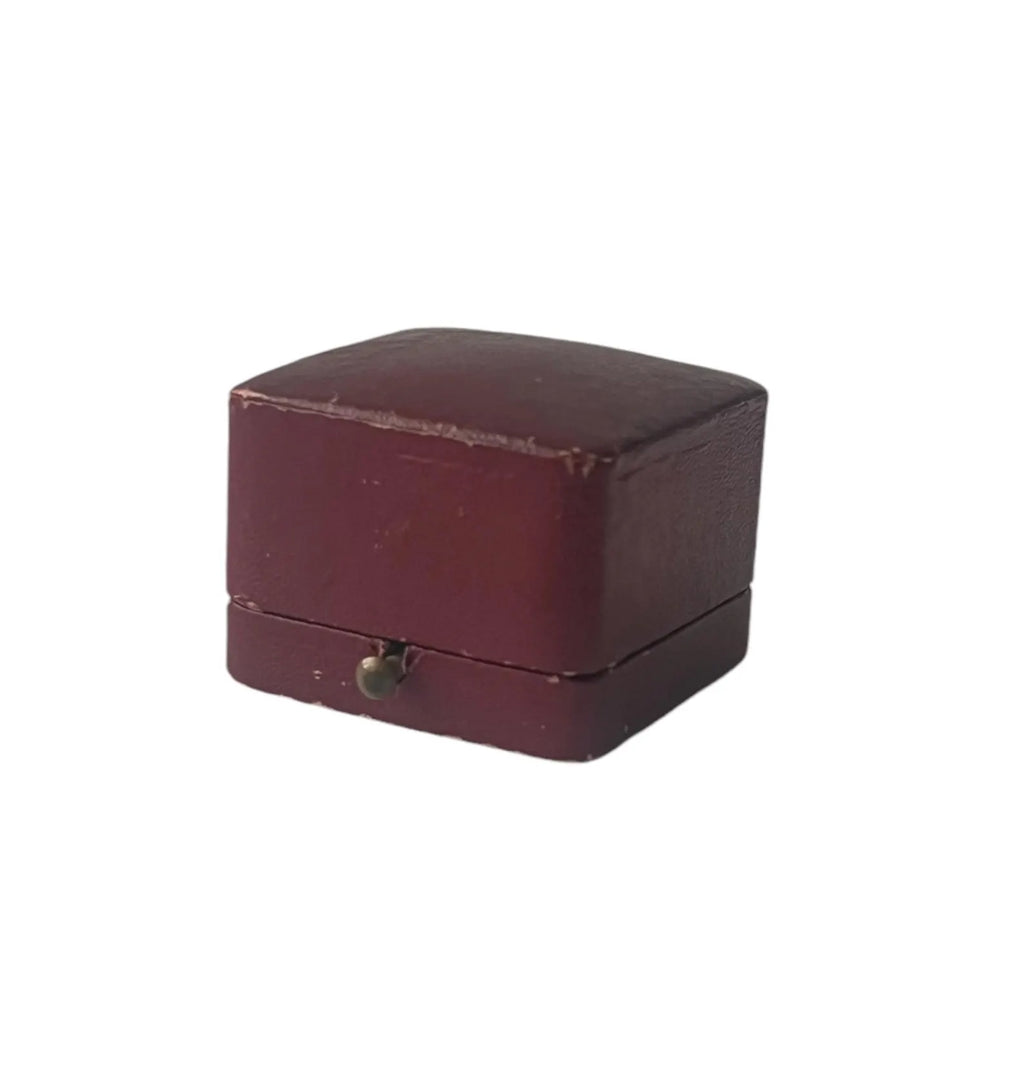 Antique Red Leather Ring Box, Vintage Square Proposal Box, Push Button Clasp.