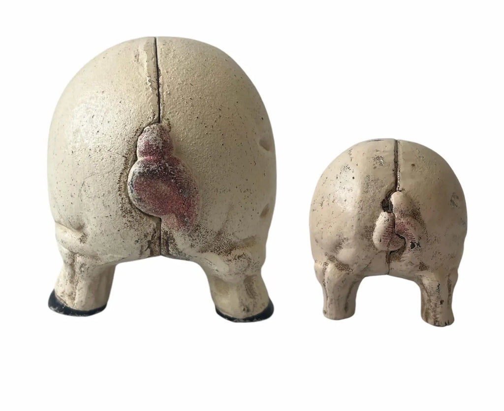 Antique French Cast Iron Pig Sculptures, Pair Piggy Banks, c.1900–1920