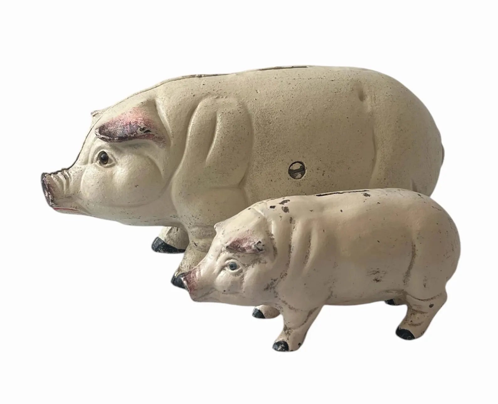 Antique French Cast Iron Pig Sculptures, Pair Piggy Banks, c.1900–1920