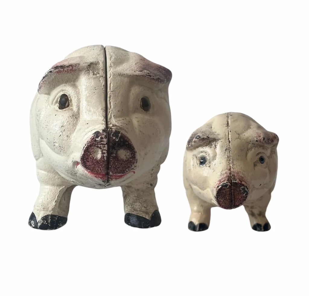 Antique French Cast Iron Pig Sculptures, Pair Piggy Banks, c.1900–1920