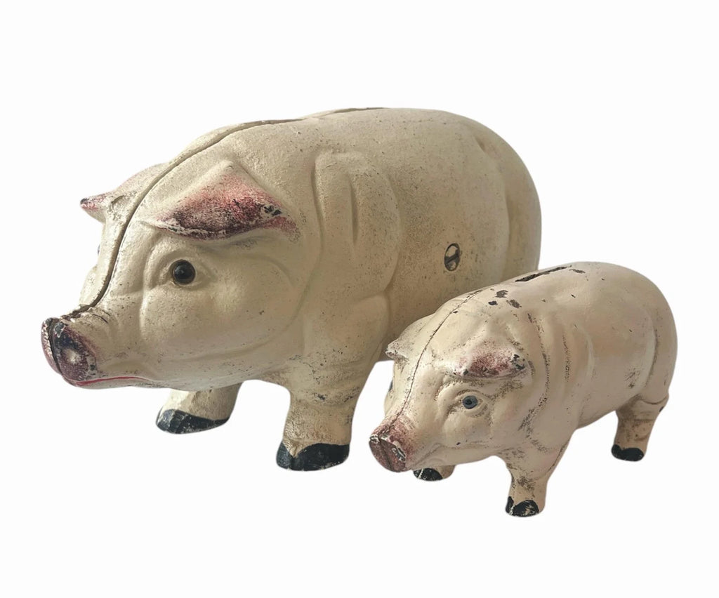 Antique French Cast Iron Pig Sculptures, Pair Piggy Banks, c.1900–1920
