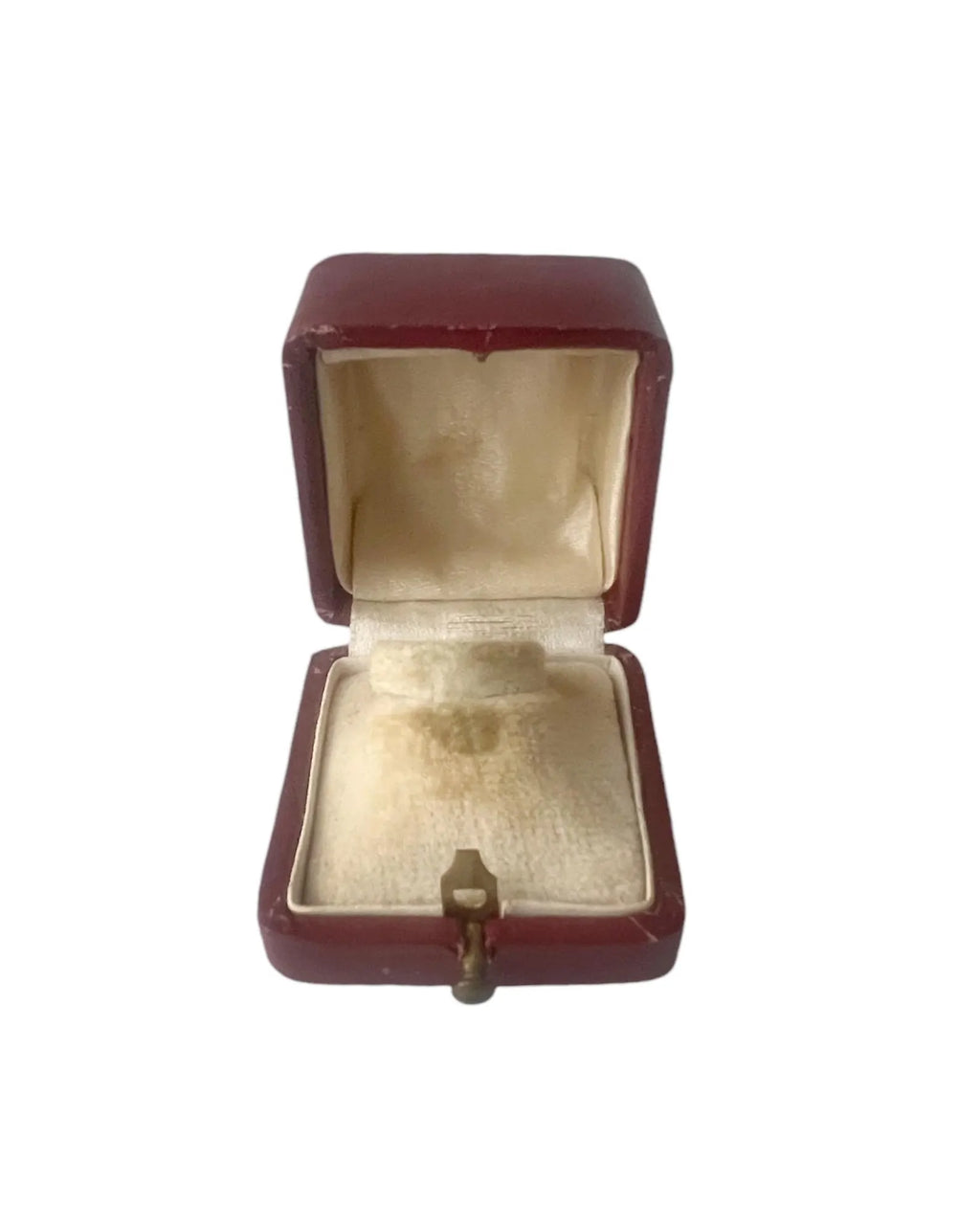 Antique Red Leather Ring Box, Vintage Square Proposal Box, Push Button Clasp.
