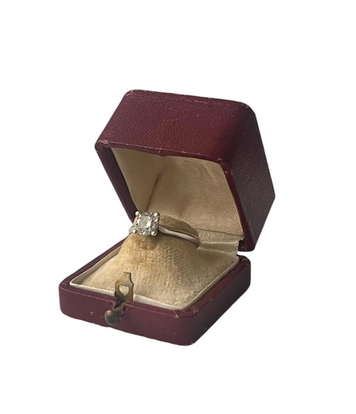 Antique Red Leather Ring Box, Vintage Square Proposal Box, Push Button Clasp.