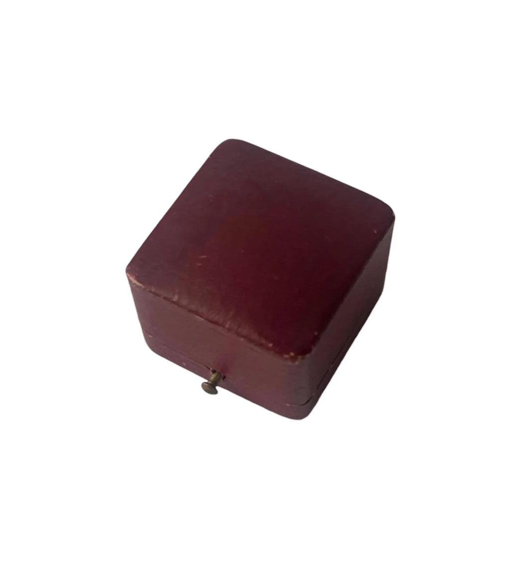 Antique Red Leather Ring Box, Vintage Square Proposal Box, Push Button Clasp.