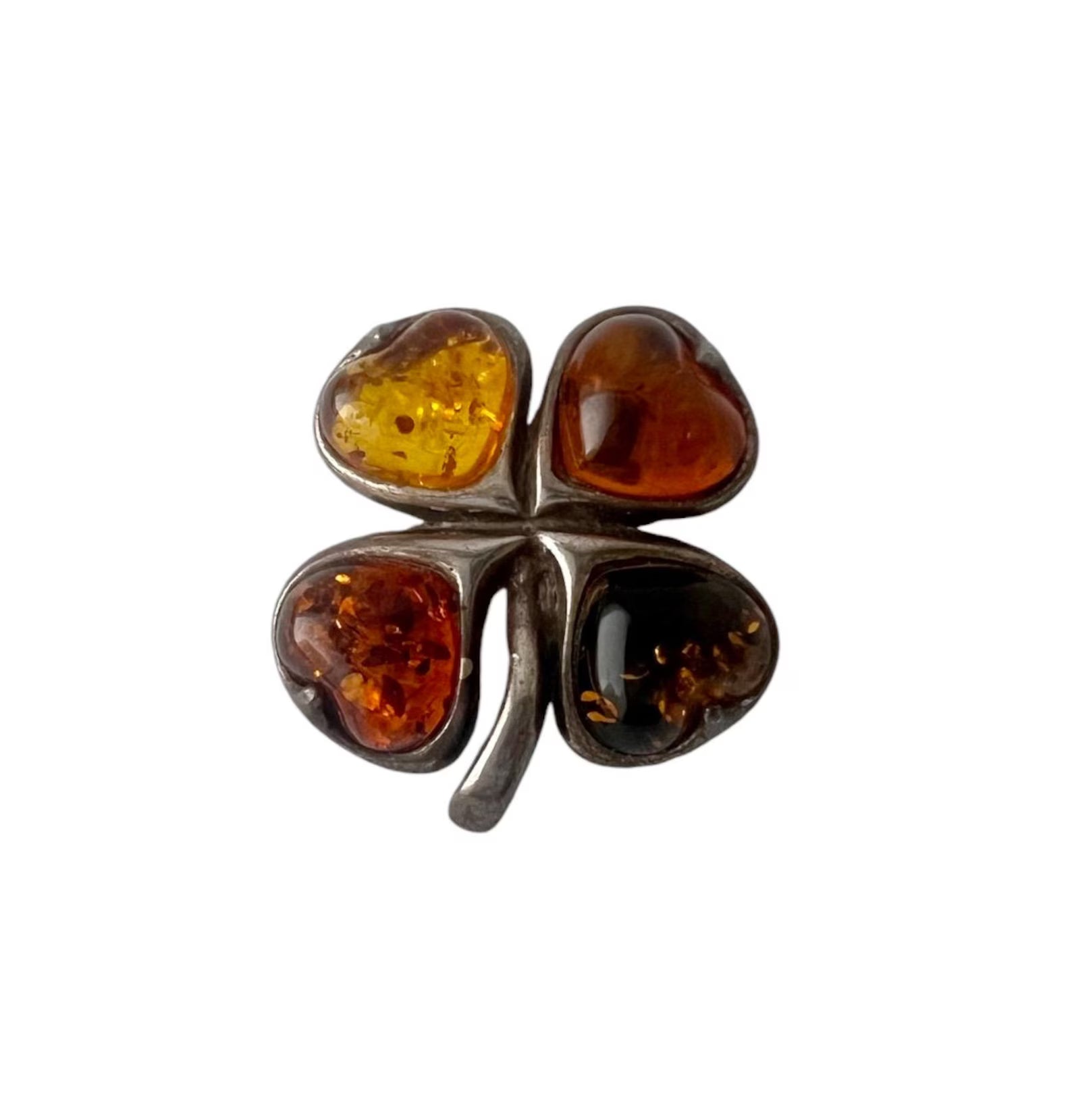 Vintage Baltic Amber Four-Leaf Clover Brooch. Good Luck Charm in Sterling Silver