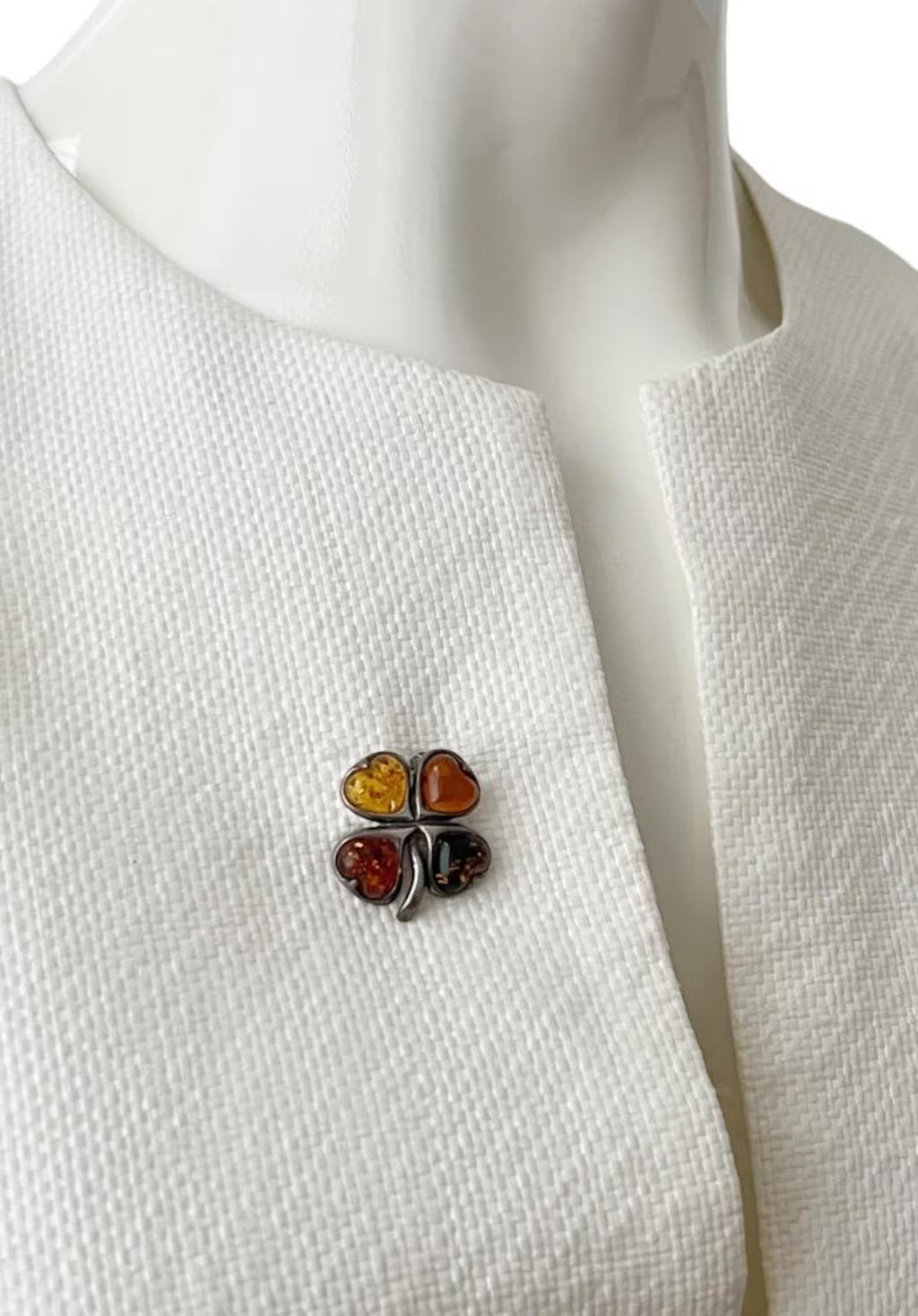 Vintage Baltic Amber Four-Leaf Clover Brooch. Good Luck Charm in Sterling Silver