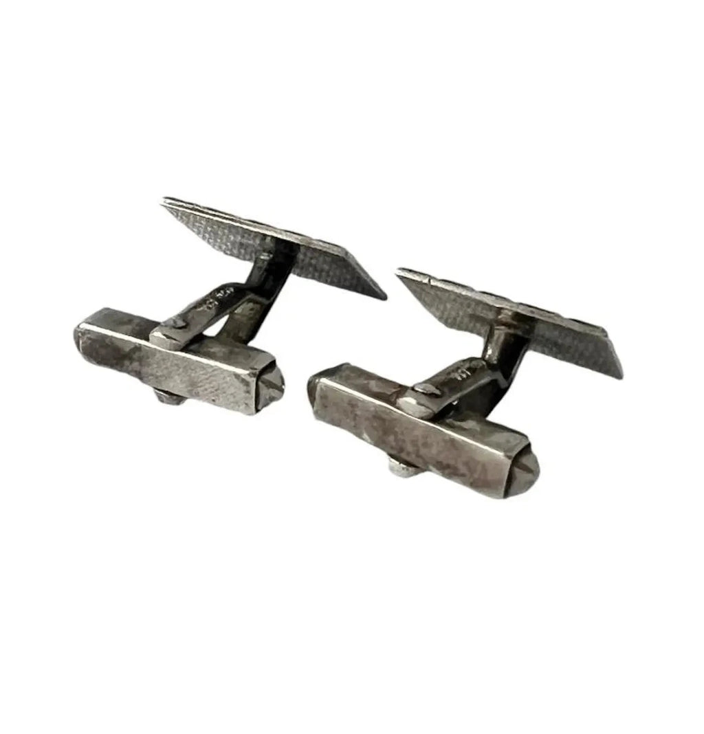 Vintage Silver Square Cufflinks with Textured Geometric Design.