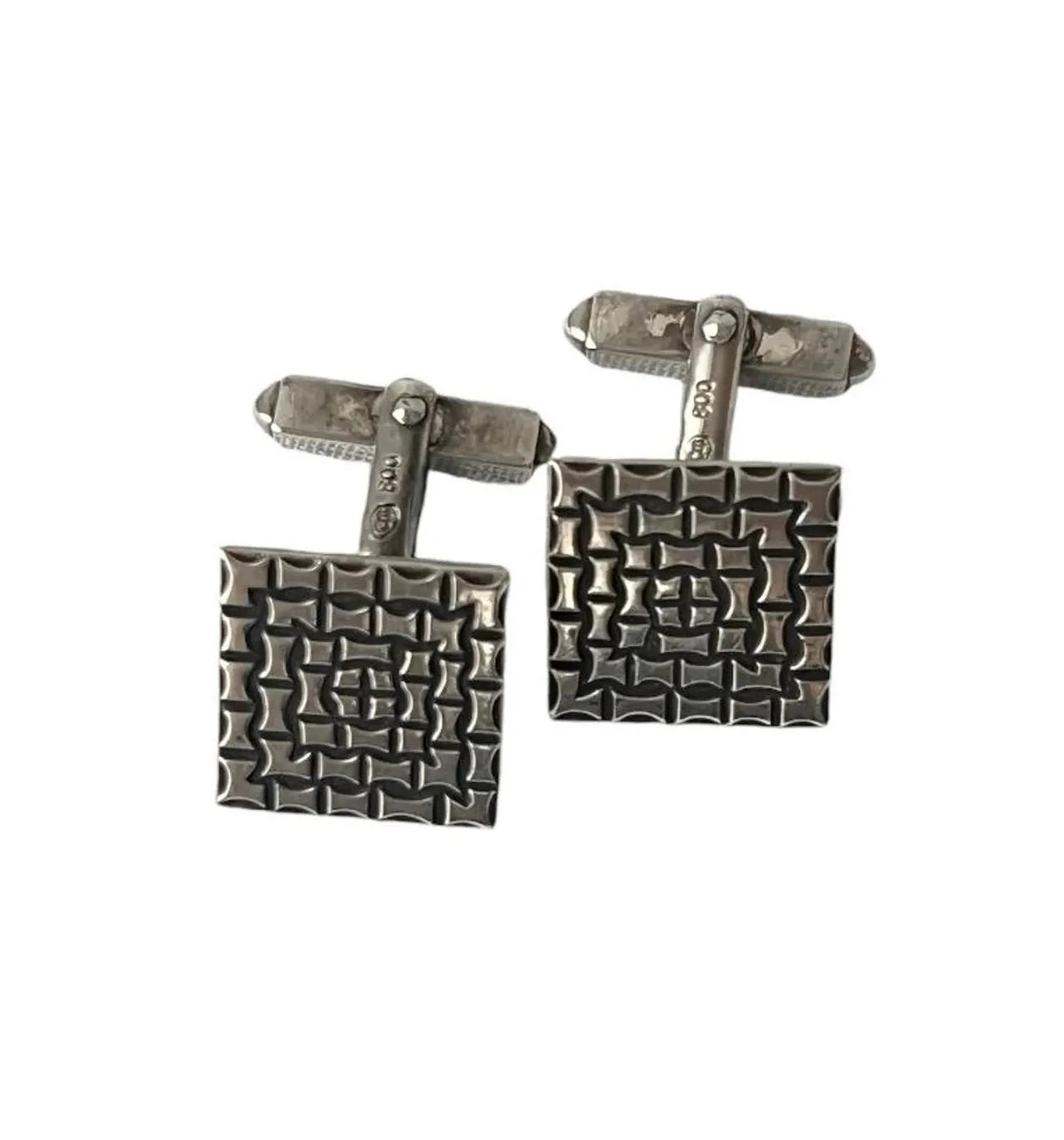 Vintage Silver Square Cufflinks with Textured Geometric Design.