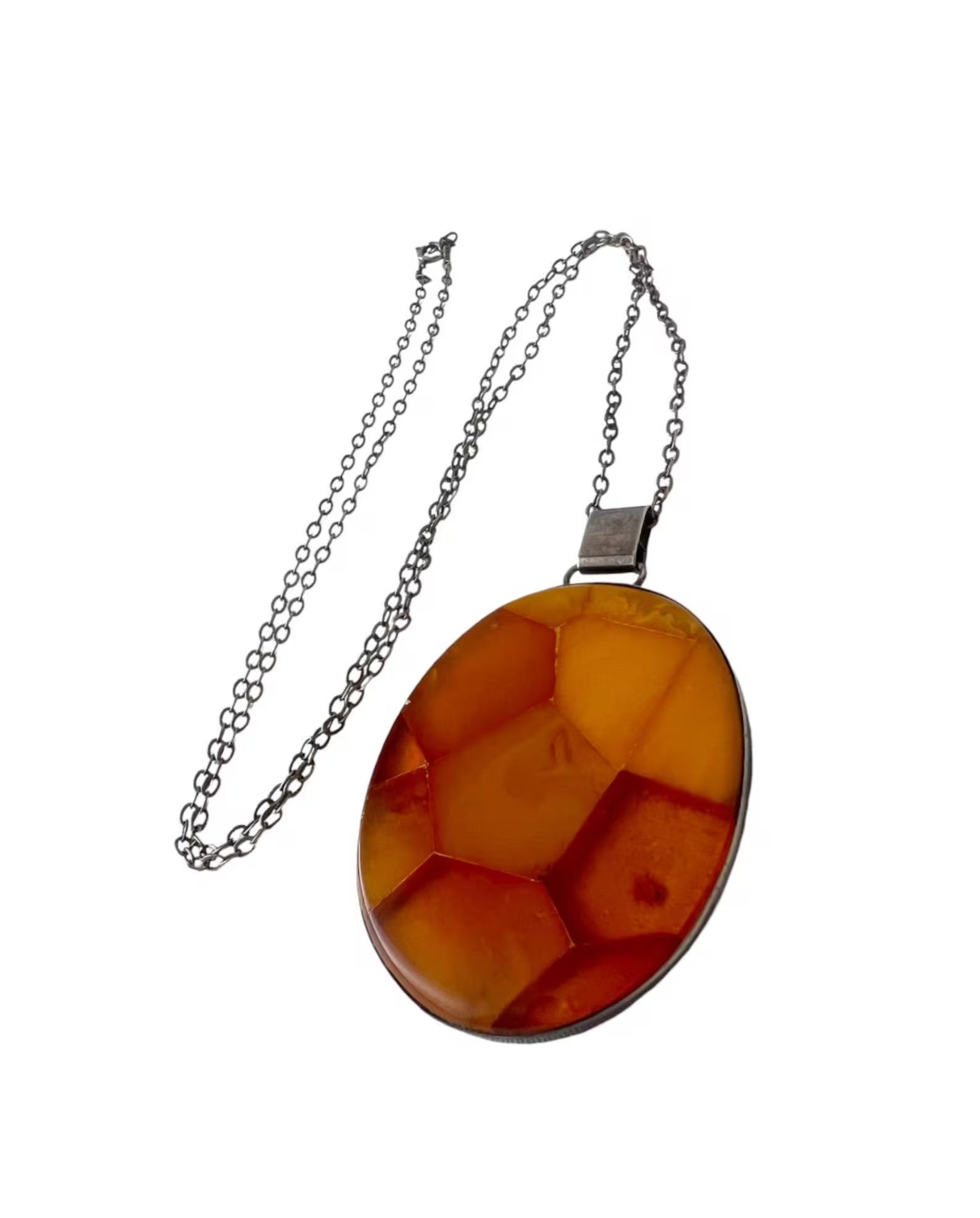 Vintage Fischland Amber Mosaic Pendant Necklace – 835 Silver, Germany